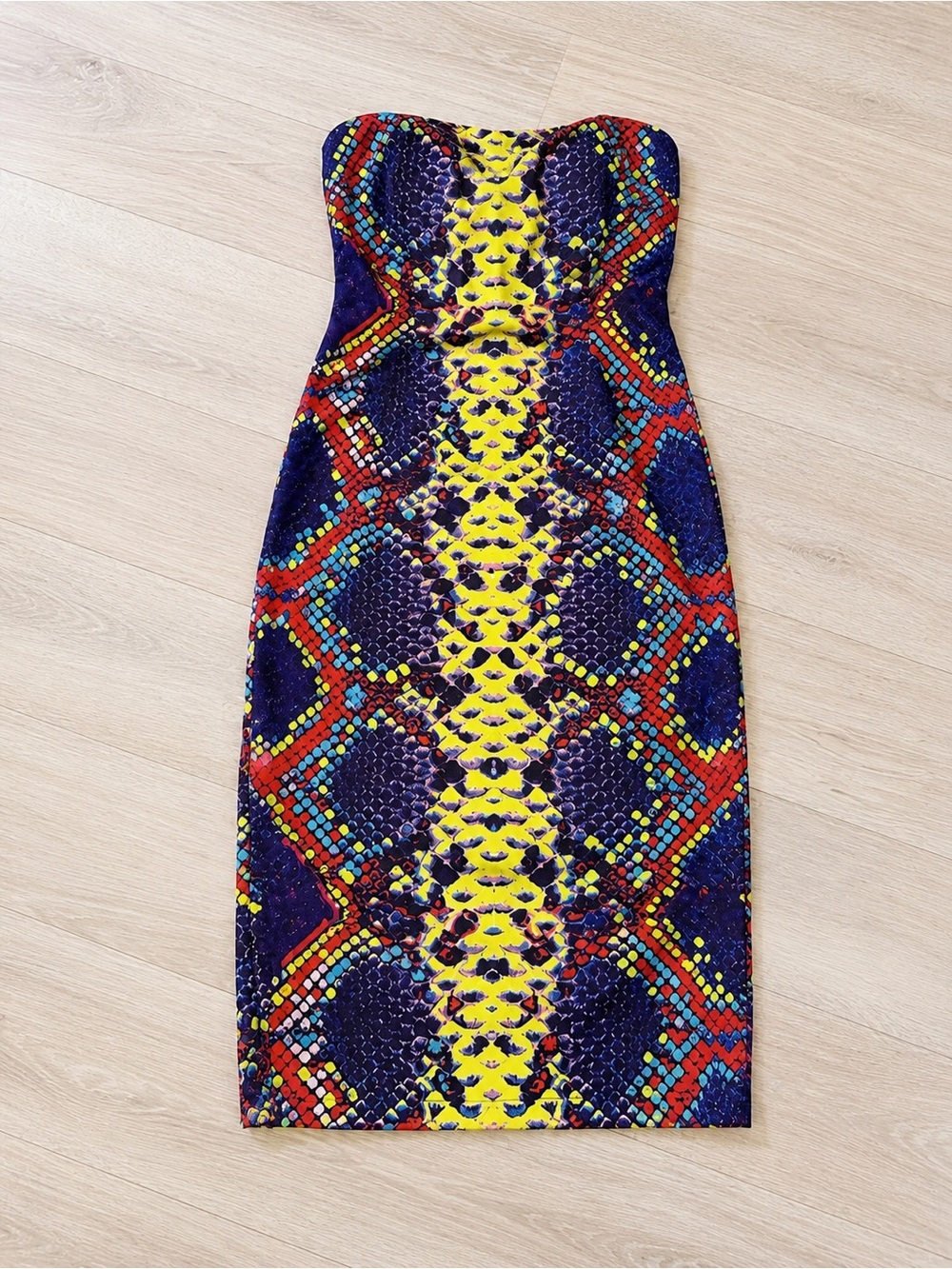 AKIRA Strapless Snakeprint Midi Dress in Yellow, Blue & Red